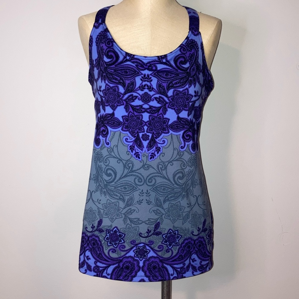 ATHLETA Tank with Built-in Bra  Size Medium purple black and gray paisley